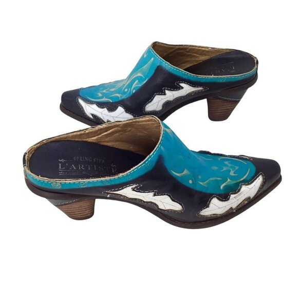 L'Artiste Spring Step Fun Mule Western Sz 37 6.5-7 Black Turquoise Hand Painted - Picture 5 of 12